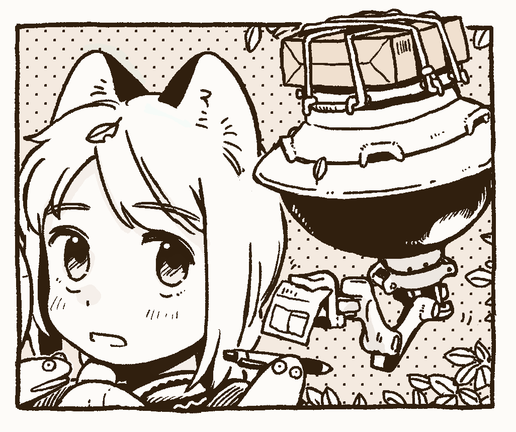 1girl akai_sashimi animal animal_ears bang bangs border cat_ears cat_girl eyebrows_visible_through_hair finger_gun leaf leaf_on_head looking_at_another looking_up monochrome open_mouth original outdoors outside_border package pen polka_dot sanpaku sepia snake swept_bangs tareme