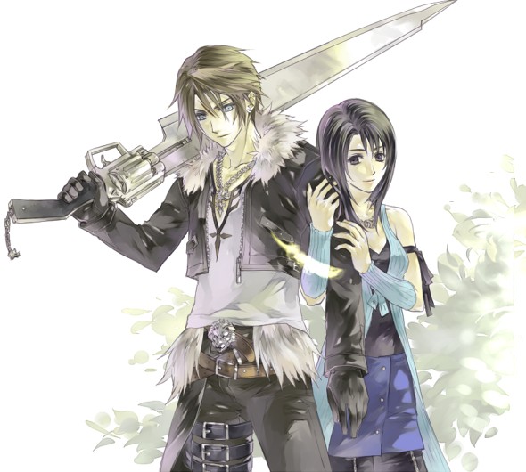 1boy 1girl arm_ribbon arm_warmers belt black_hair blue_skirt breasts brown_hair closed_mouth couple cropped_jacket dress feet_out_of_frame final_fantasy final_fantasy_viii fur-trimmed_jacket fur_trim gloves gunblade holding holding_another's_arm holding_weapon jacket jewelry long_hair long_sleeves necklace open_jacket over_shoulder ribbon rinoa_heartilly shirt_under_jacket skirt sleeveless sleeveless_duster squall_leonhart standing weapon weapon_over_shoulder zipper