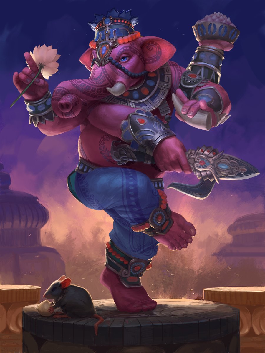 1boy alternate_costume barefoot blue_eyes bracelet dancing elephant elephant_ears extra_arms fat fat_man flower food furry ganesha_(smite) hat highres horns jewelry male_focus mouse official_art shirtless sky smite solo tattoo weapon