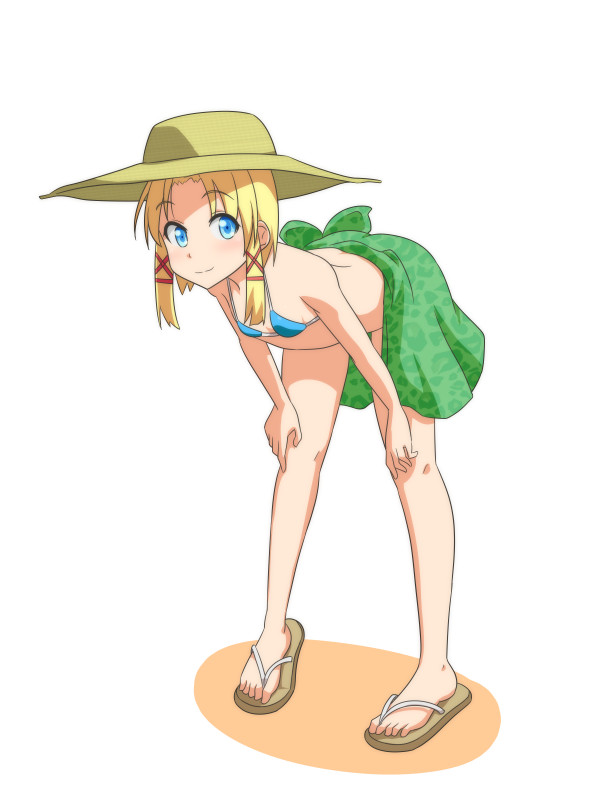 1girl alternate_costume bare_shoulders bent_over bikini_top blonde_hair blue_eyes cato_(monocatienus) commentary_request eyebrows_visible_through_hair hair_ornament hands_on_own_knees hat looking_at_viewer moriya_suwako simple_background smile solo sun_hat touhou white_background