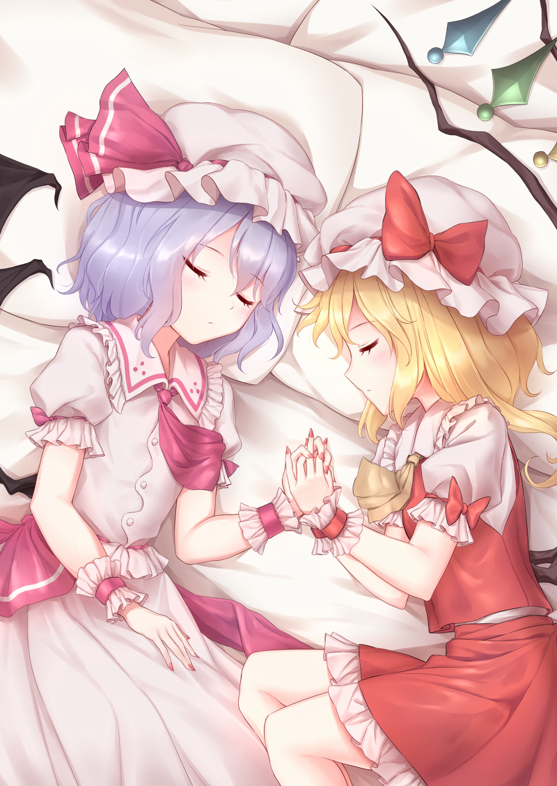 2girls bat_wings bed_sheet blonde_hair blue_hair closed_eyes commentary flandre_scarlet hand_holding hat lying minust mob_cap multiple_girls nail_polish on_side pillow puffy_short_sleeves puffy_sleeves red_nails remilia_scarlet short_sleeves skirt skirt_set sleeping touhou wings wrist_cuffs