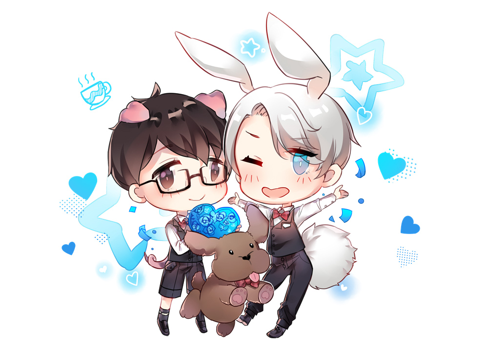 2boys animal_ears black-framed_eyewear black_hair blue_eyes bow bowtie brown_eyes bunny_tail chibi dog extra_ears glasses heart katsuki_yuuri kemonomimi_mode makkachin male_focus multiple_boys one_eye_closed open_mouth pants pig_ears pig_tail rabbit_ears shorts silver_hair smile star tail taoi_bianshenbang viktor_nikiforov waistcoat yuri!!!_on_ice