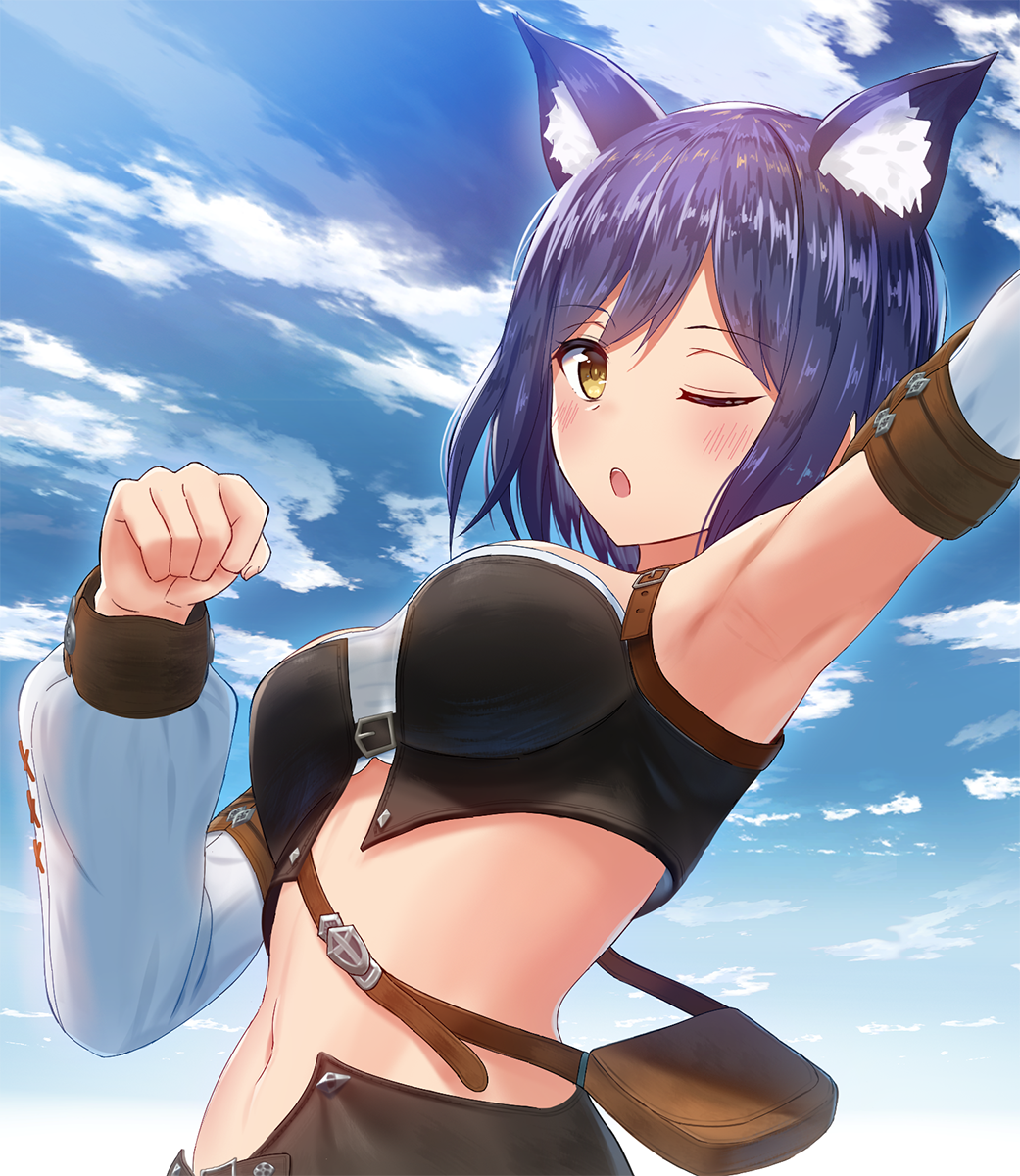 1girl :o animal_ears arm_up armpits bag bangs blue_hair blue_sky blush breasts brown_eyes cat_ears clouds commentary_request cosplay crop_top day detached_sleeves eyebrows_visible_through_hair final_fantasy final_fantasy_xiv hair_between_eyes highres long_sleeves looking_at_viewer medium_breasts mikomiko_(mikomikosu) miqo'te miqo'te_(cosplay) nijisanji outdoors outstretched_arm parted_lips puffy_long_sleeves puffy_sleeves shizuka_rin short_hair shoulder_bag sky solo upper_teeth virtual_youtuber