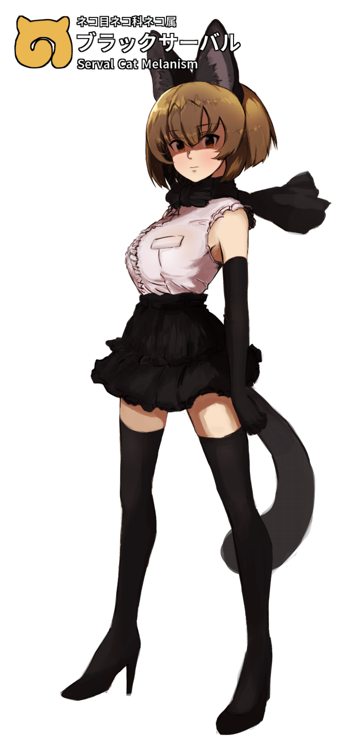 1girl :| animal_ears black_footwear black_legwear black_scarf black_serval_(kemono_friends) black_skirt closed_mouth elbow_gloves english eyebrows_visible_through_hair gloves high-waist_skirt high_heels highres japari_symbol kemono_friends miniskirt mityubi scarf serious serval_(kemono_friends) serval_ears serval_tail shirt simple_background skirt sleeveless sleeveless_shirt solo tail thigh-highs white_background white_shirt zettai_ryouiki