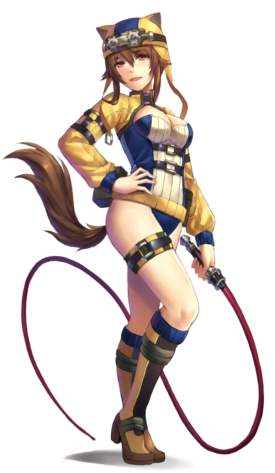 1girl animal_ears boots breasts brown_eyes brown_hair cat_ears closed_mouth commentary_request dominatrix eyebrows_visible_through_hair full_body goggles goggles_on_headwear hair_between_eyes hand_on_hip hat highres holding holding_whip long_sleeves looking_at_viewer medium_breasts military multicolored_footwear original short_hair standing tail thighs tonee white_background