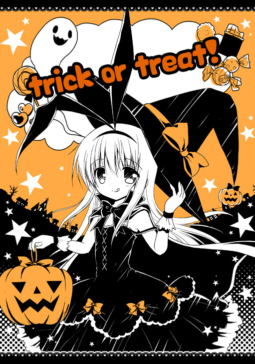 1girl :p amae_koromo black_background bow candy chocolate_bar english food ghost hair_bow halloween halloween_costume hat holding holding_hat nanase_miori orange_background pumpkin saki smile solo star tongue tongue_out trick_or_treat witch witch_hat