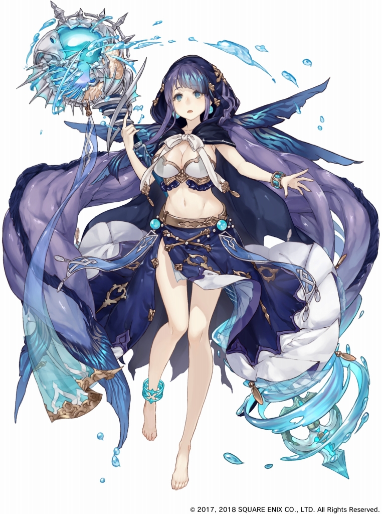 1girl anklet aqua_eyes barefoot bracelet breasts eyebrows_visible_through_hair fins full_body holding holding_staff hood jewelry jino large_breasts loincloth long_hair midriff navel ningyo_hime_(sinoalice) official_art purple_hair sinoalice solo staff very_long_hair water white_background