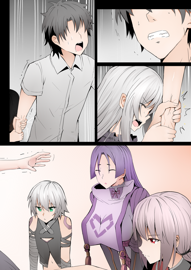 1boy 4girls arm_grab bandage bandaged_arm black_hair clenched_teeth closed_eyes comic commentary faceless faceless_male fate/grand_order fate_(series) florence_nightingale_(fate/grand_order) fujimaru_ritsuka_(male) ginhaha green_eyes hair_between_eyes jack_the_ripper_(fate/apocrypha) jeanne_d'arc_(alter)_(fate) jeanne_d'arc_(fate)_(all) long_hair looking_at_another minamoto_no_raikou_(fate/grand_order) multiple_girls purple_hair red_eyes short_hair silver_hair teeth trembling