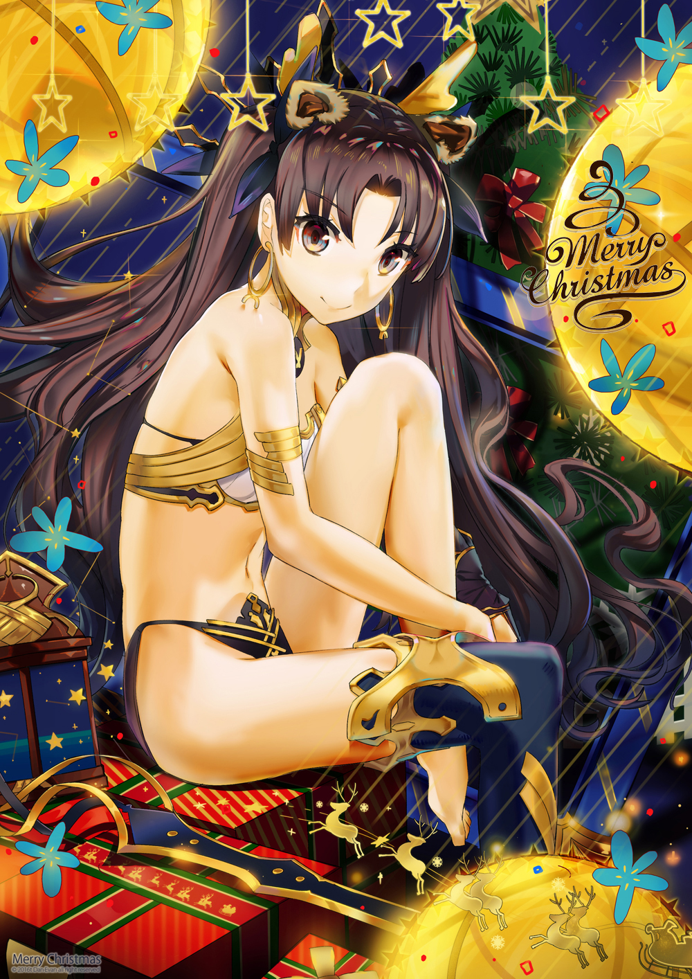 1girl bangs bare_shoulders box bra brown_eyes brown_hair christmas christmas_tree closed_mouth commentary crown earrings el-zheng english fate/grand_order fate_(series) from_side gift highres hoop_earrings ishtar_(fate/grand_order) jewelry knee_up long_hair looking_at_viewer merry_christmas navel panties parted_bangs smile solo star tohsaka_rin underwear white_bra