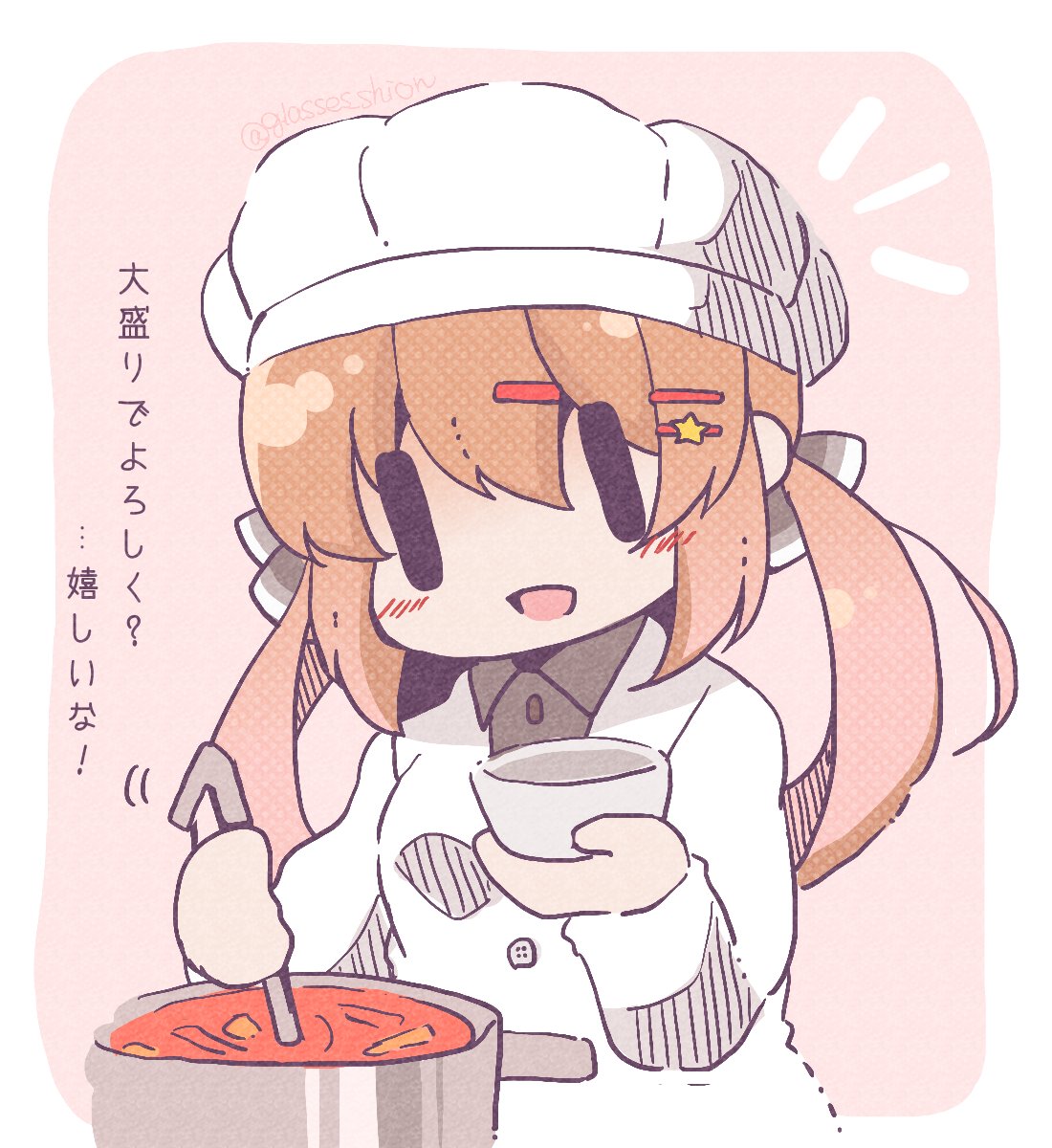 alternate_hairstyle black_bow bloom2425 bow brown_hair chibi cooking eyebrows_visible_through_hair food hair_between_eyes hair_ornament hairclip hat highres jacket kantai_collection ladle long_hair low_twintails pink_background pot remodel_(kantai_collection) simple_background tashkent_(kantai_collection) translation_request twintails twitter_username white_background white_jacket