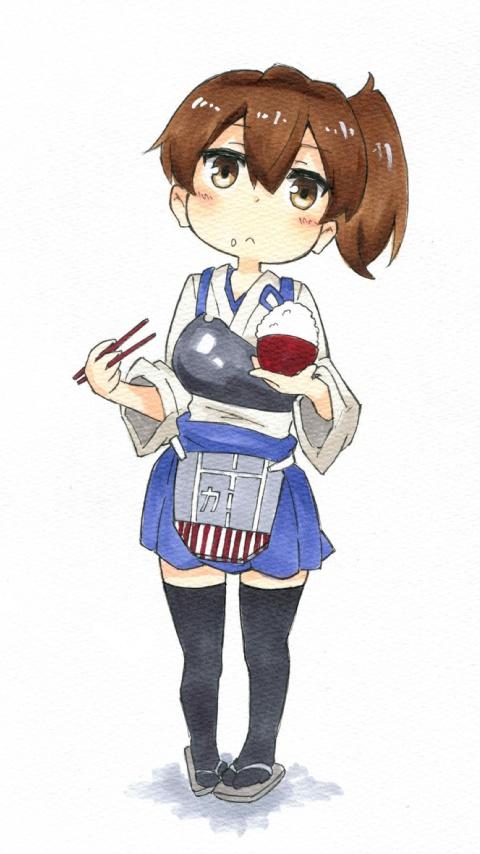 1girl black_legwear blue_skirt blush bowl brown_eyes brown_hair chopsticks closed_mouth commentary_request flight_deck food food_on_face full_body head_tilt holding igo_miku kaga_(kantai_collection) kantai_collection long_sleeves muneate pigeon-toed rice rice_bowl rice_on_face sandals short_hair side_ponytail simple_background skirt solo standing thigh-highs white_background