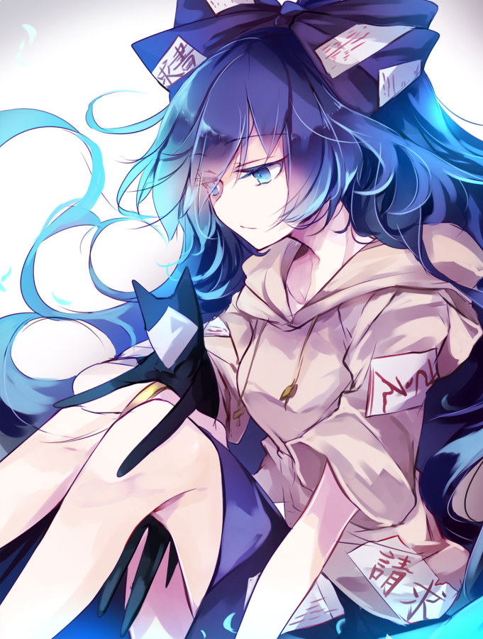 1girl bangle blue_bow blue_eyes blue_hair blue_skirt bow bracelet breasts debt drawstring eyebrows_visible_through_hair feet_out_of_frame gradient gradient_background grey_background grey_hoodie hair_bow holding holding_stuffed_animal hood hoodie jewelry knees_up kutsuki_kai long_hair medium_breasts miniskirt short_sleeves sitting skirt solo stuffed_animal stuffed_cat stuffed_toy touhou very_long_hair white_background yorigami_shion