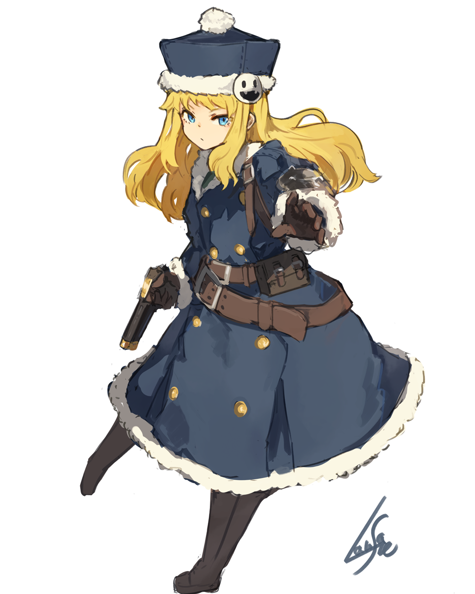 1girl blonde_hair blue_eyes brown_gloves character_hair_ornament coat commentary_request full_body fur-trimmed_coat fur-trimmed_hat fur_trim gloves gun gunner hair_ornament hat highres lansane long_hair long_sleeves looking_at_viewer pom_pom_(clothes) sekaiju_no_meikyuu sekaiju_no_meikyuu_2 signature simple_background solo weapon white_background