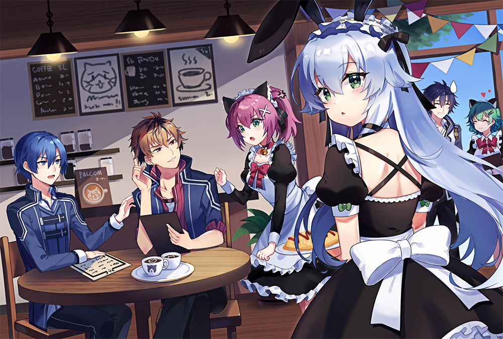 3boys 3girls ^_^ animal_ears bell bell_collar black_hair blue_eyes blue_hair blush breasts brown_hair cat_ears chair character_request closed_eyes closed_mouth collar collarbone eiyuu_densetsu eyebrows_visible_through_hair facing_another fake_animal_ears green_eyes green_hair hair_ornament hairclip heart holding holding_plate indoors lamp long_hair looking_at_another maid maid_headdress medium_breasts menu_board multiple_boys multiple_girls open_mouth parted_lips pink_hair plate puffy_short_sleeves puffy_sleeves rabbit_ears red_eyes sen_no_kiseki sharlorc short_hair short_sleeves short_twintails silver_hair sitting sweatdrop table twintails x_hair_ornament