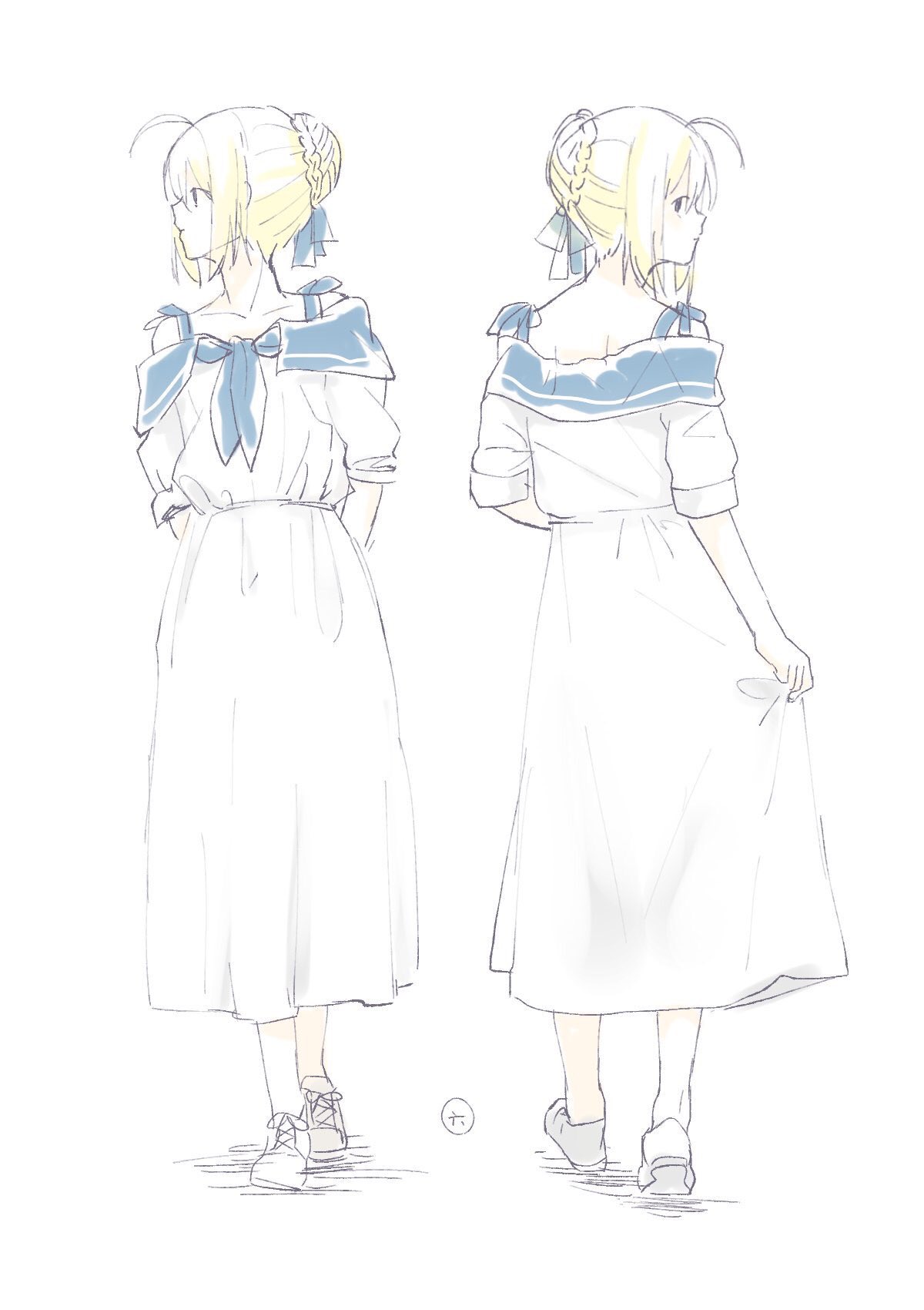 1girl adapted_costume ahoge artoria_pendragon_(all) blonde_hair braid commentary_request dress fate/stay_night fate_(series) hair_bun highres ichiren_namiro looking_at_viewer looking_back multiple_views neckerchief profile saber shoes simple_background walking white_background white_dress