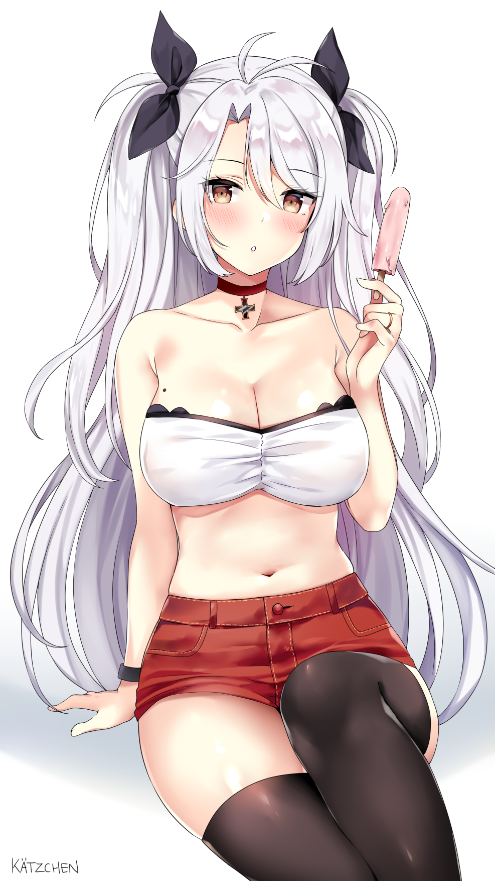 1girl :o alternate_costume antenna_hair arm_support azur_lane bangs bare_shoulders black_choker black_ribbon blush breasts choker cleavage collarbone crop_top cross_choker eyebrows_visible_through_hair food gloves hair_between_eyes hair_ribbon highres holding holding_food iron_cross jewelry kaetzchen large_breasts long_hair looking_at_viewer mole mole_on_breast multicolored_hair navel parted_lips prinz_eugen_(azur_lane) red_shorts redhead ribbon ring short_shorts shorts sidelocks signature silver_hair sitting skindentation smile solo stomach swept_bangs thigh-highs thighs two_side_up very_long_hair wedding_band white_crop_top wristband