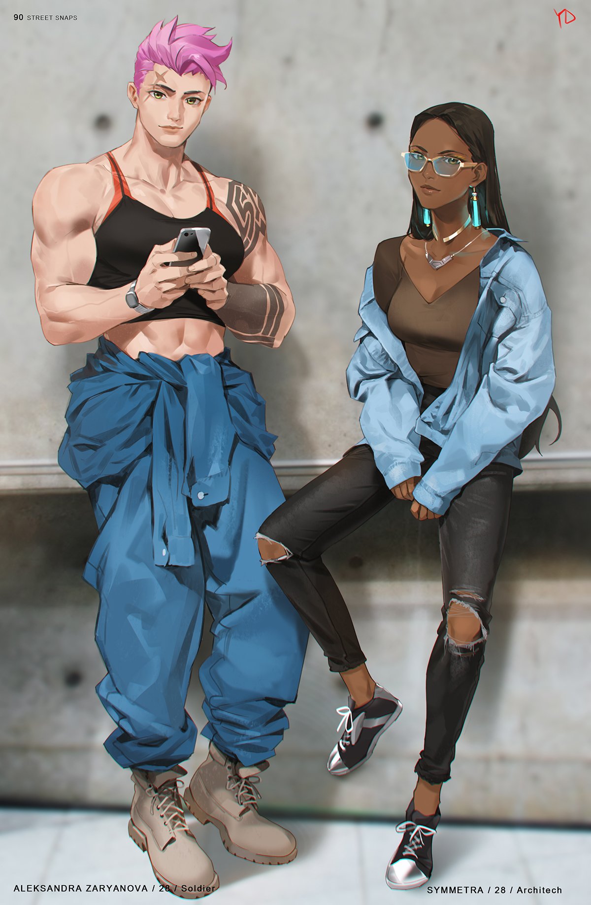 2girls abs adapted_costume alternate_costume artist_name biceps black_pants brown_eyes brown_hair casual cellphone character_name clothes_around_waist commentary dark_skin earrings fashion green_eyes highres jacket jewelry long_hair long_sleeves looking_at_viewer midriff multiple_girls muscle muscular_female neck necklace overwatch pants phone pink_hair ripped_jeans scar shirt_around_waist shoes short_hair shoulders sleeveless sneakers spiky_hair sunglasses symmetra_(overwatch) tank_top tattoo veins watch yang-do zarya_(overwatch)