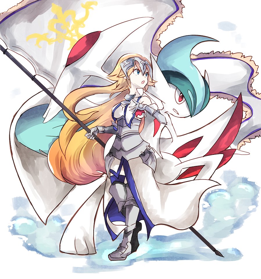 1girl :o armor armored_corset armored_dress banner bare_shoulders blonde_hair blue_eyes breasts crossover dress fate/grand_order fate_(series) faulds flag full_body gallade gauntlets gen_4_pokemon greaves headpiece holding holding_poke_ball jeanne_d'arc_(fate) jeanne_d'arc_(fate)_(all) long_hair medium_breasts mega_gallade mega_pokemon mirui open_mouth poke_ball poke_ball_(generic) pokemon pokemon_(creature) very_long_hair white_background white_dress