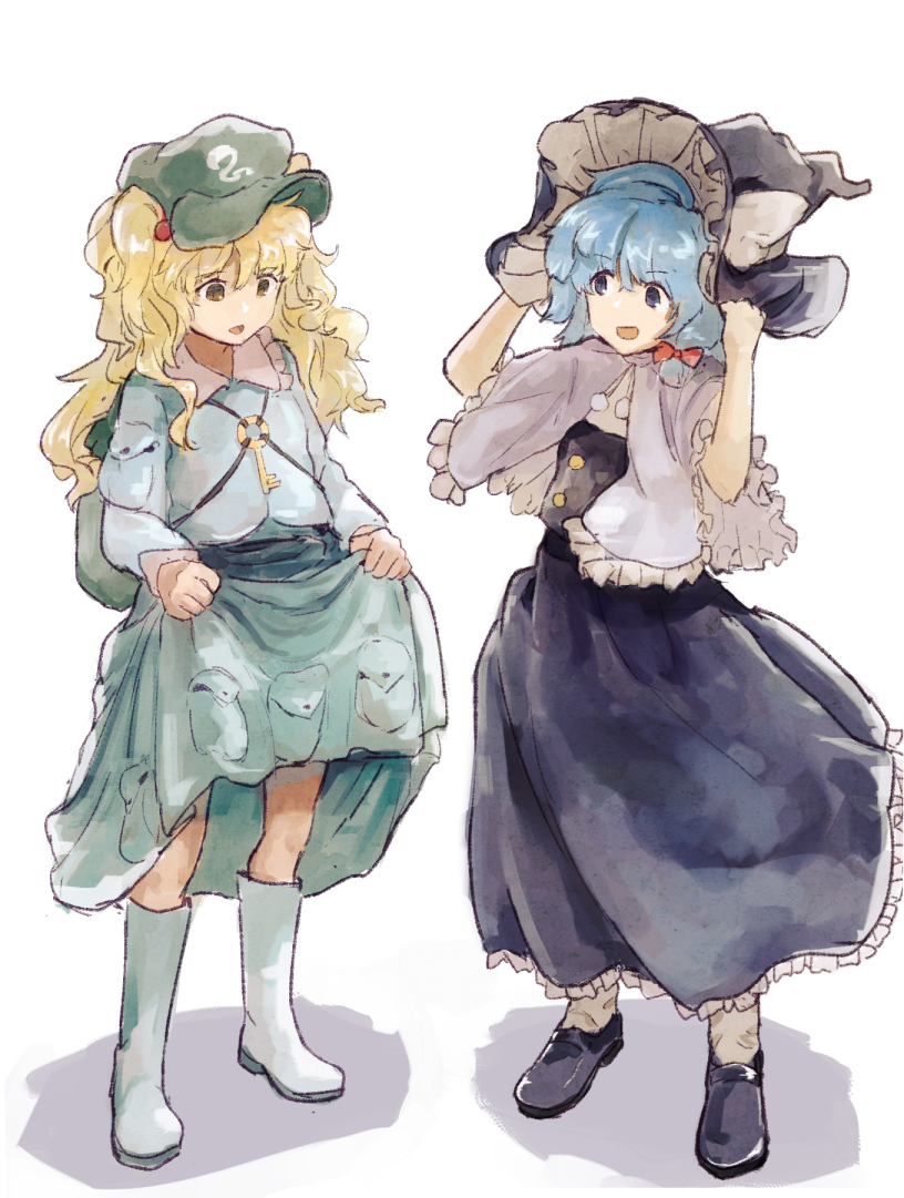 2girls alternate_hairstyle bionekojita blonde_hair blue_hair boots braid cosplay costume_switch hat kawashiro_nitori kirisame_marisa multiple_girls open_mouth rubber_boots single_braid skirt_hold smile touhou traditional_media watercolor_(medium) white_background witch_hat