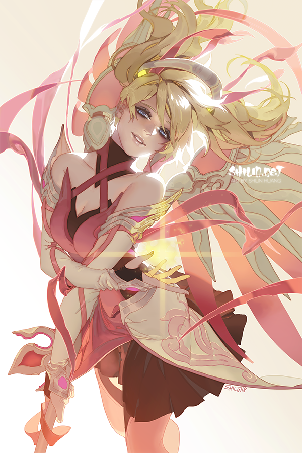 1girl alternate_costume alternate_hairstyle backlighting blonde_hair blue_eyes breasts cleavage dress elbow_gloves fingerless_gloves floating_hair gloves light_smile lips looking_at_viewer mechanical_halo mechanical_wings medium_breasts mercy_(overwatch) overwatch parted_lips pink_dress pink_mercy pink_ribbon ribbon shilin solo staff twintails watermark web_address wings