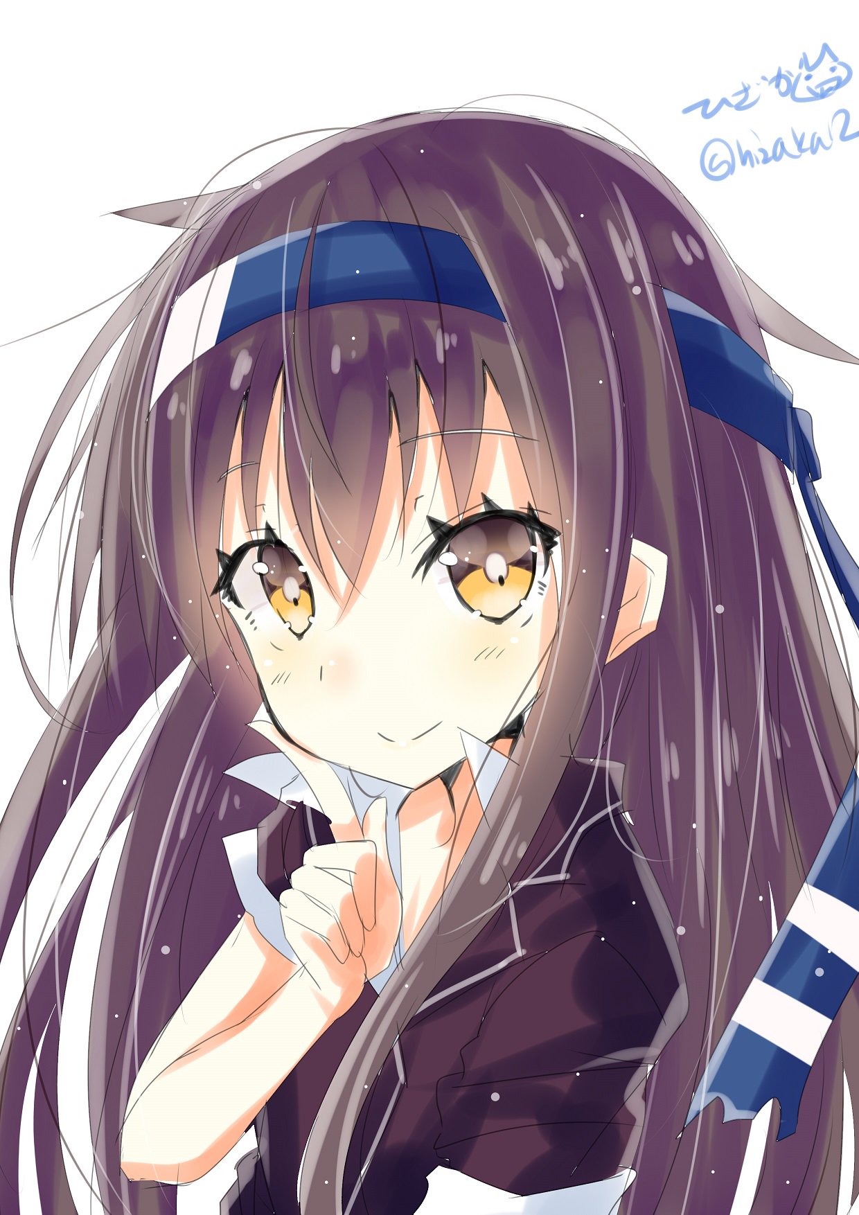 1girl black_hair blazer brown_eyes closed_mouth covering covering_crotch eyebrows_visible_through_hair hair_between_eyes hatsushimo_(kantai_collection) headband highres hizaka jacket kantai_collection long_hair looking_up low-tied_long_hair remodel_(kantai_collection) school_uniform shirt simple_background solo twitter_username white_background white_shirt