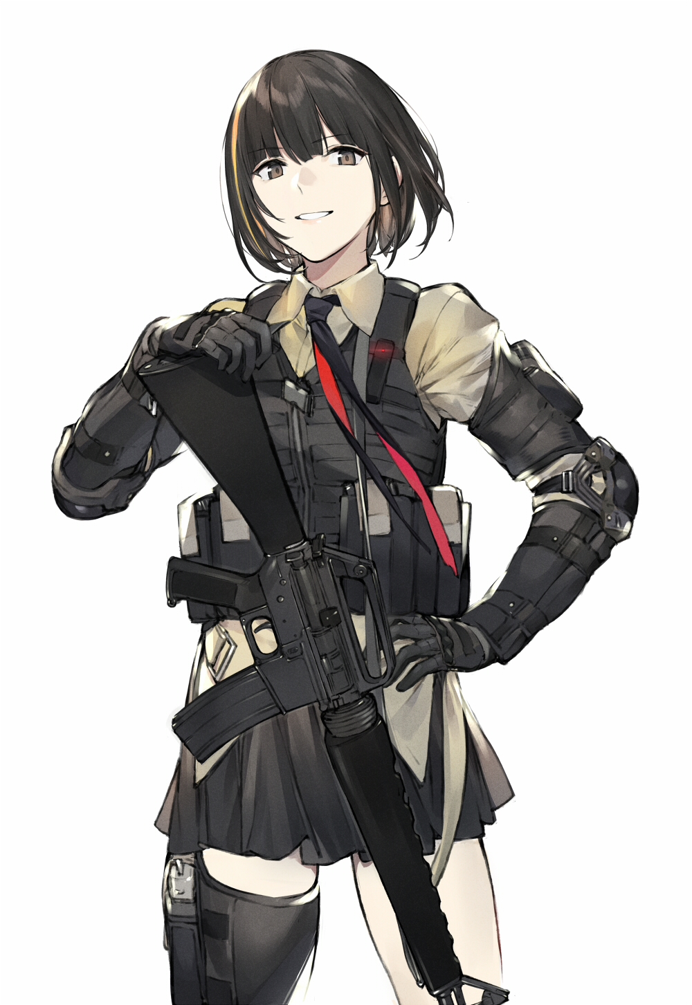 1girl alternate_costume alternate_hair_length alternate_hairstyle armor assault_rifle beige_shirt black_hair black_legwear black_neckwear blonde_hair brown_eyes bulletproof_vest collared_shirt cowboy_shot duoyuanjun elbow_pads eyebrows_visible_through_hair girls_frontline gloves glowing gun highres holster load_bearing_vest m16a1_(girls_frontline) multicolored_hair necktie parted_lips pleated_skirt rifle shirt short_hair single_thighhigh skirt smile solo tactical_clothes thigh-highs thigh_strap thighs two-tone_hair uniform weapon white_background