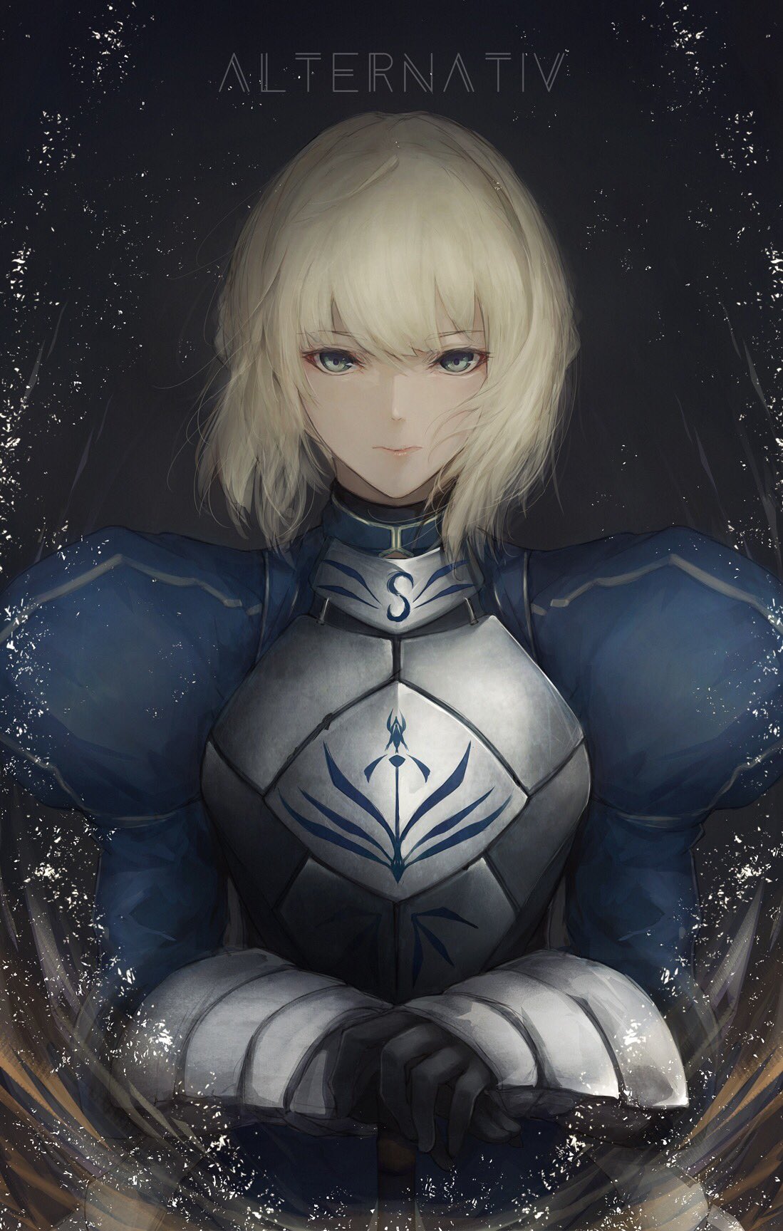 1girl armor armored_dress artoria_pendragon_(all) bangs black_gloves blonde_hair breastplate eyebrows_visible_through_hair facing_viewer fate/grand_order fate/stay_night fate_(series) gauntlets gloves green_eyes hair_bun hand_holding highres looking_at_viewer marumoru puffy_sleeves saber