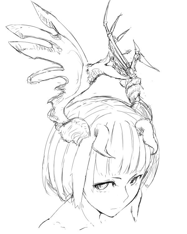 1girl antlers asymmetrical_horns bangs closed_mouth greyscale horns jaco looking_at_viewer monochrome nude original profile short_hair simple_background solo white_background