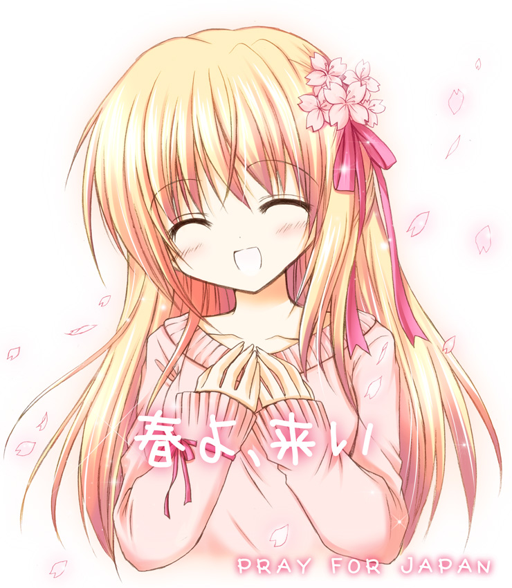 1girl blonde_hair blush breasts closed_eyes english flower hair_flower hair_ornament hands_on_own_chest hands_together japanese long_hair long_sleeves nanase_miori original petals pink_background pink_flower pink_petals pink_shirt shirt smile