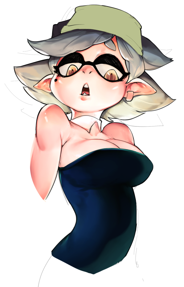 1girl aori_(splatoon) bare_shoulders breasts cleavage detached_collar domino_mask earrings fang half-closed_eyes jewelry large_breasts mask mole mole_under_eye open_mouth pointy_ears roropull silver_hair simple_background sketch splatoon strapless tentacle_hair white_background yellow_eyes