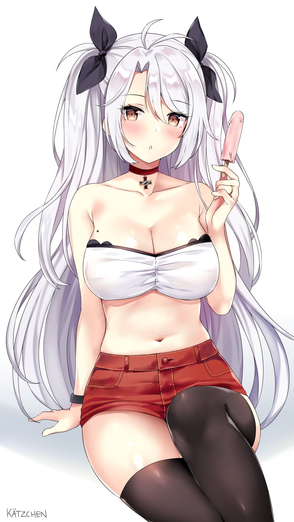 1girl :o alternate_costume antenna_hair arm_support azur_lane bangs bare_shoulders black_choker black_ribbon blush breasts choker cleavage collarbone crop_top cross_choker eyebrows_visible_through_hair food gloves hair_between_eyes hair_ribbon highres holding holding_food iron_cross jewelry kaetzchen large_breasts long_hair looking_at_viewer mole mole_on_breast multicolored_hair navel open_mouth prinz_eugen_(azur_lane) red_shorts redhead ribbon ring short_shorts shorts sidelocks signature silver_hair sitting skindentation smile solo stomach swept_bangs thigh-highs thighs two_side_up very_long_hair wedding_band white_crop_top wristband