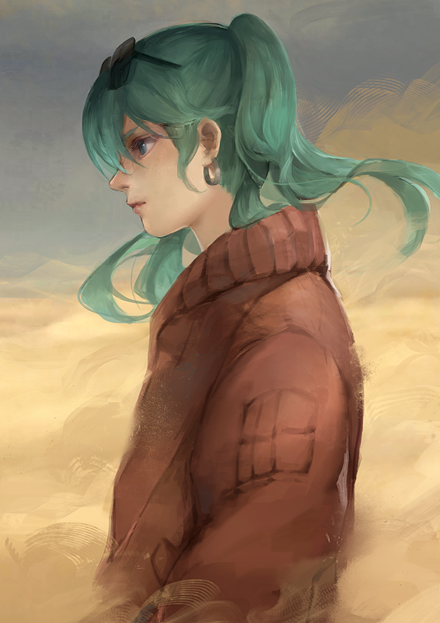 1girl blue_eyes brown_coat closed_mouth coat earrings expressionless eyebrows_visible_through_hair eyewear_on_head from_side green_hair hatsune_miku jewelry long_hair long_sleeves looking_away sketch solo stellarism suna_no_wakusei_(vocaloid) sunglasses twintails upper_body vocaloid