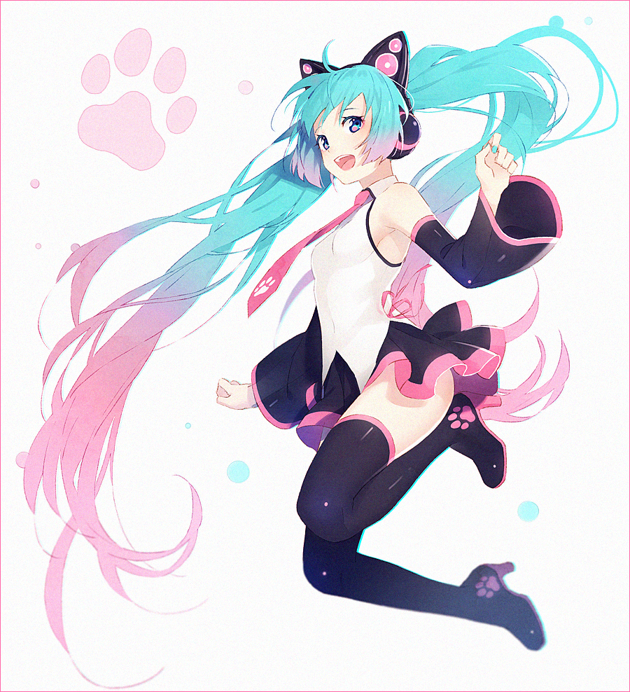 1girl :d bangs bare_shoulders black_footwear black_legwear black_skirt blue_eyes blush boots breasts cat_ear_headphones commentary detached_sleeves eyebrows_visible_through_hair gradient_hair green_hair hakusai_(tiahszld) hatsune_miku headphones high_heel_boots high_heels long_hair long_sleeves looking_at_viewer multicolored_hair open_mouth pink_hair pleated_skirt shirt skirt sleeveless sleeveless_shirt small_breasts smile solo thigh-highs thigh_boots twintails upper_teeth very_long_hair vocaloid white_shirt wide_sleeves