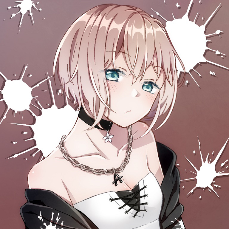 1girl aoba_moka bang_dream! bangs black_choker black_jacket blue_eyes blush chain_necklace choker collarbone cross-laced_clothes eyebrows_visible_through_hair frown grey_hair jacket jewelry looking_at_viewer nekojarashi_(r-grey) off_shoulder paint_splatter paint_stains pendant short_hair solo splatter_print upper_body