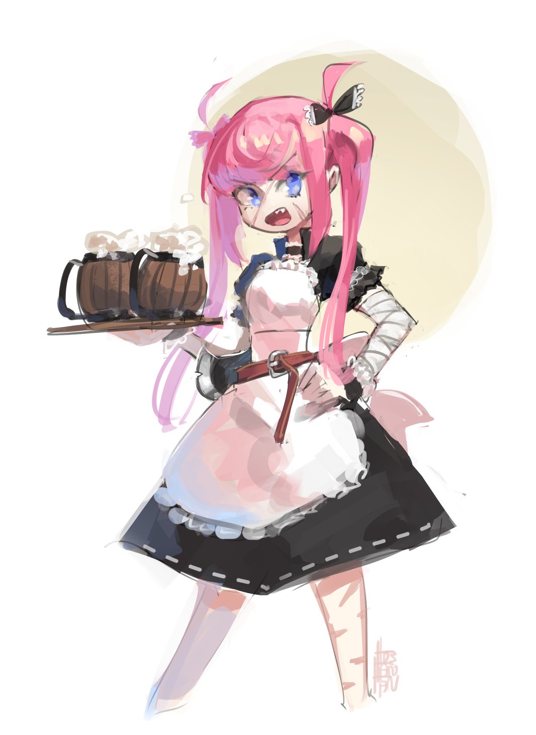 1girl alcohol antenna_hair apron bandage beer beer_mug belt black_bow black_dress blue_eyes bow commentary dress dungeons_and_dragons english_commentary fangs feet_out_of_frame hair_bow hand_on_hip highres holding long_hair looking_at_viewer maid maid_apron no_nose original pink_hair puffy_short_sleeves puffy_sleeves scar short_sleeves signature sketch solo standing tostantan tray twintails white_apron