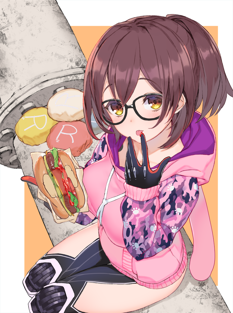 1girl blush breasts brown_hair camouflage_hoodie commentary finger_licking food from_above glasses hamburger izumi_sai licking mechanical_arm medium_breasts pink_hoodie roboco-san roboco_ch. robot_joints robotic_legs short_ponytail sitting solo telephone_pole thighs virtual_youtuber yellow_eyes