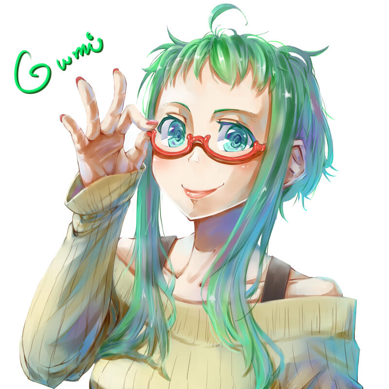 1girl ahoge bare_shoulders blue_eyes bra_strap character_name commentary_request fingernails green_hair gumi hand_up jaco lensless_glasses long_sleeves looking_at_viewer nail_polish off_shoulder red-framed_eyewear red_nails ribbed_sweater semi-rimless_eyewear sidelocks simple_background sleeves_past_wrists smile solo sweater under-rim_eyewear vocaloid white_background yellow_sweater