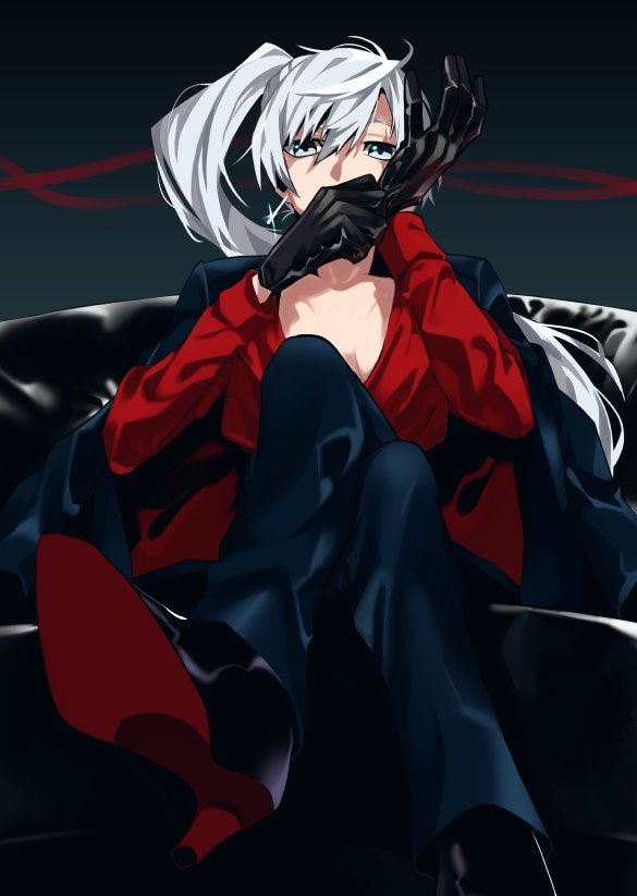 1girl blue_hair commentary_request couch gloves hosomitimiti jacket_on_shoulders legs_crossed mafia rwby scar scar_across_eye solo weiss_schnee white_hair