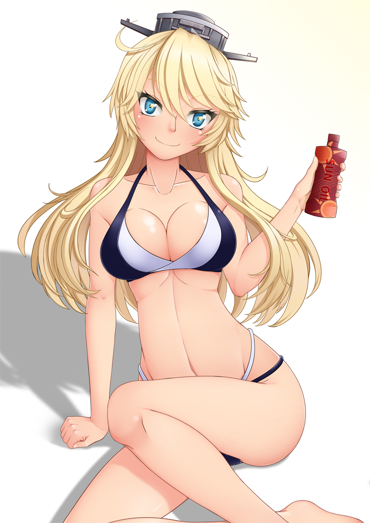 1girl blonde_hair blue_eyes breasts cleavage feet_out_of_frame headgear iowa_(kantai_collection) kantai_collection large_breasts looking_at_viewer lotion sei_(6862879) simple_background sitting smile solo star star-shaped_pupils sunscreen symbol-shaped_pupils two-tone_bikini white_background