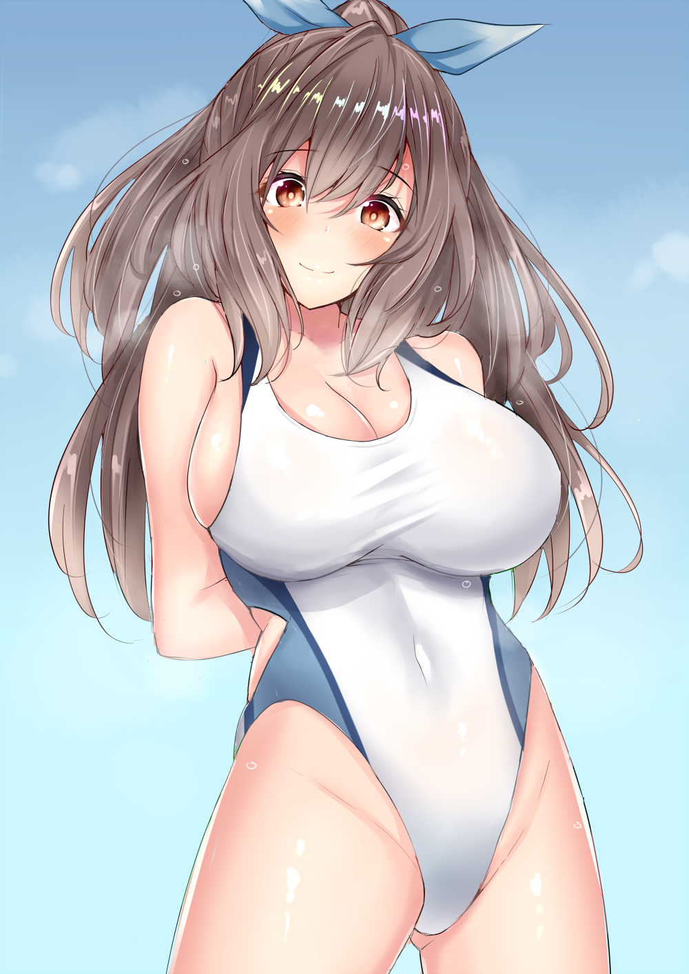 1girl arms_behind_back bangs blush breasts brown_eyes brown_hair cleavage commentary_request covered_navel eyebrows_visible_through_hair hair_between_eyes highleg highleg_swimsuit highres hips idolmaster idolmaster_shiny_colors large_breasts long_hair looking_at_viewer one-piece_swimsuit ponytail ribbon sankakusui smile solo swimsuit thighs tsukioka_kogane waist white_swimsuit