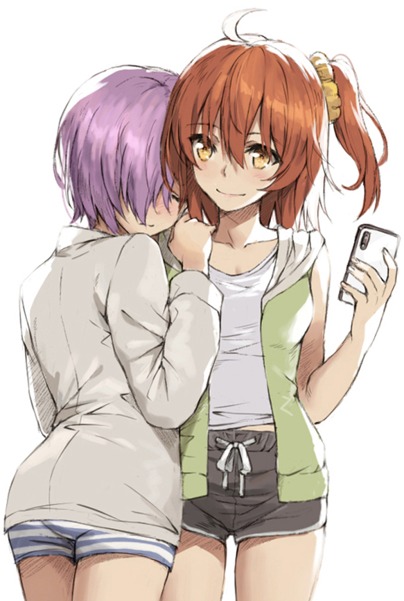 2girls ahoge ass bangs blush breasts cellphone closed_eyes commentary_request couple cowboy_shot eyebrows_visible_through_hair fate/grand_order fate_(series) fujimaru_ritsuka_(female) hair_between_eyes hair_ornament hair_over_one_eye hair_scrunchie head_on_another's_shoulder holding holding_phone long_hair long_sleeves looking_at_another mash_kyrielight medium_breasts multiple_girls one_eye_covered one_side_up orange_hair phone purple_hair scrunchie shirt short_hair shorts simple_background sleeveless sleeveless_shirt smartphone smile standing striped striped_shorts tonee violet_eyes white_background white_shirt yellow_eyes yuri