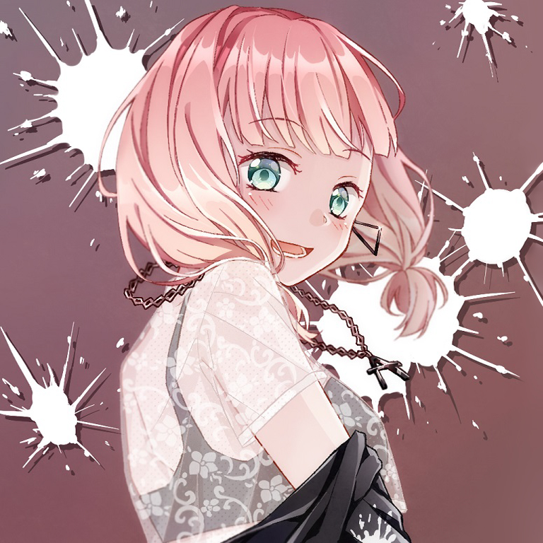 1girl aqua_eyes bang_dream! bangs black_bra black_jacket bra chain_necklace earrings eyebrows_visible_through_hair from_side jacket jewelry looking_at_viewer low_twintails nekojarashi_(r-grey) off_shoulder open_mouth paint_splatter paint_stains pendant pink_hair see-through smile solo splatter_print twintails uehara_himari underwear upper_body
