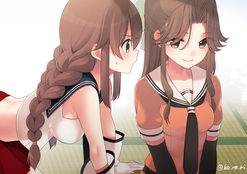 2girls all_fours bangs bare_shoulders black_gloves black_neckwear blush bow braid breasts brown_eyes brown_hair gloves green_eyes hair_bow indoors jintsuu_(kantai_collection) kantai_collection koruri long_hair looking_at_another medium_breasts midriff multiple_girls necktie noshiro_(kantai_collection) orange_serafuku parted_lips pleated_skirt red_skirt sailor_collar short_sleeves sidelocks sitting skirt smile sweatdrop swept_bangs twin_braids twitter_username white_gloves