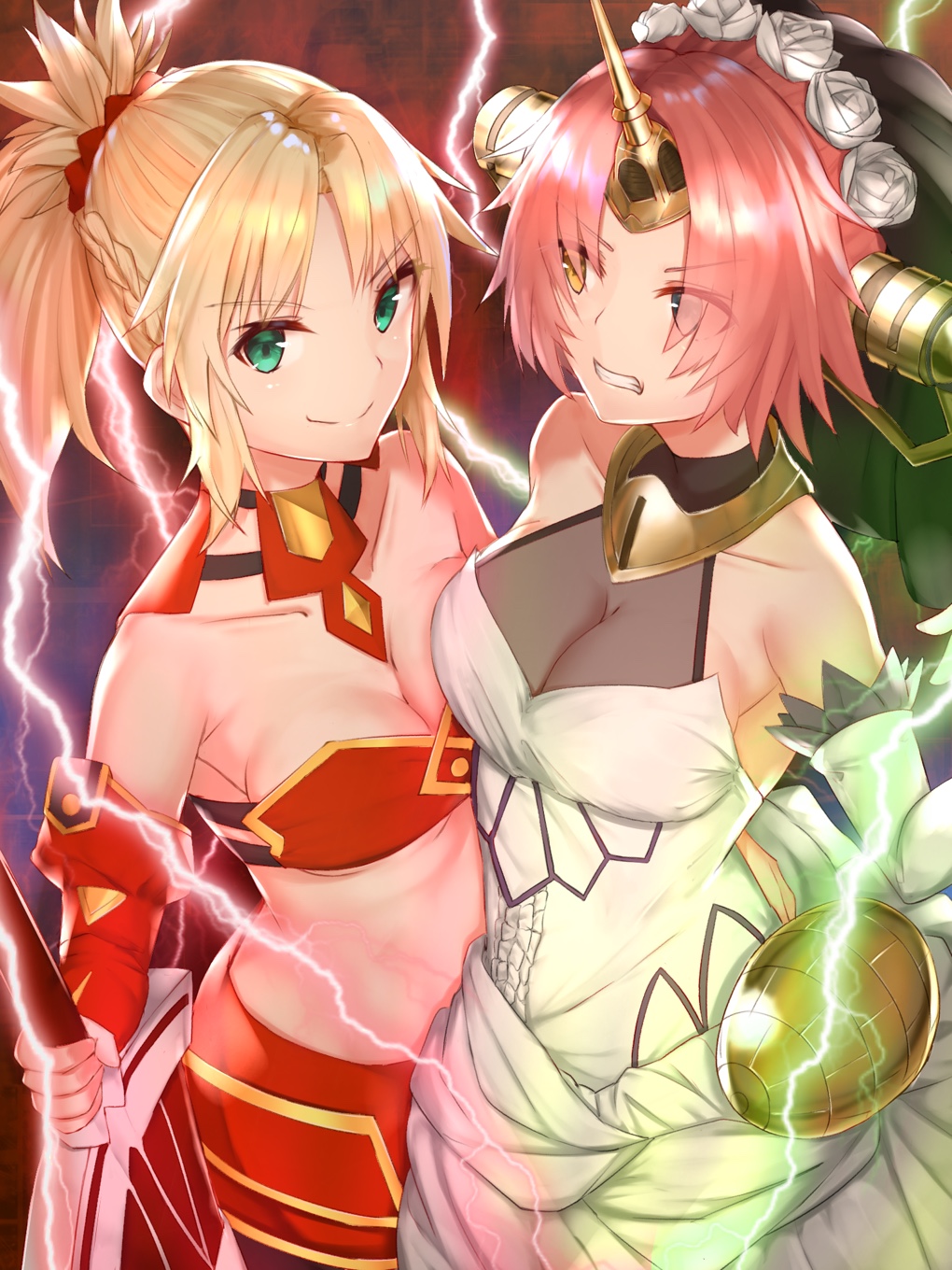 2girls asymmetrical_docking blonde_hair blue_eyes breast_press breasts bridal_veil choker cleavage clenched_teeth collarbone dress elbow_gloves electricity eyebrows_visible_through_hair eyes_visible_through_hair fate/apocrypha fate_(series) flower frankenstein's_monster_(fate) gloves green_eyes hair_flower hair_ornament hair_over_one_eye hair_scrunchie hand_on_another's_hip head_wreath heterochromia highres holding holding_sword holding_weapon horn long_hair medium_breasts mordred_(fate) mordred_(fate)_(all) multiple_girls pink_hair ponytail red_scrunchie reuri_(tjux4555) scrunchie see-through short_hair sleeveless sleeveless_dress smile standing stomach swimsuit sword teeth under_boob veil weapon wedding_dress white_dress white_flower white_gloves yellow_eyes