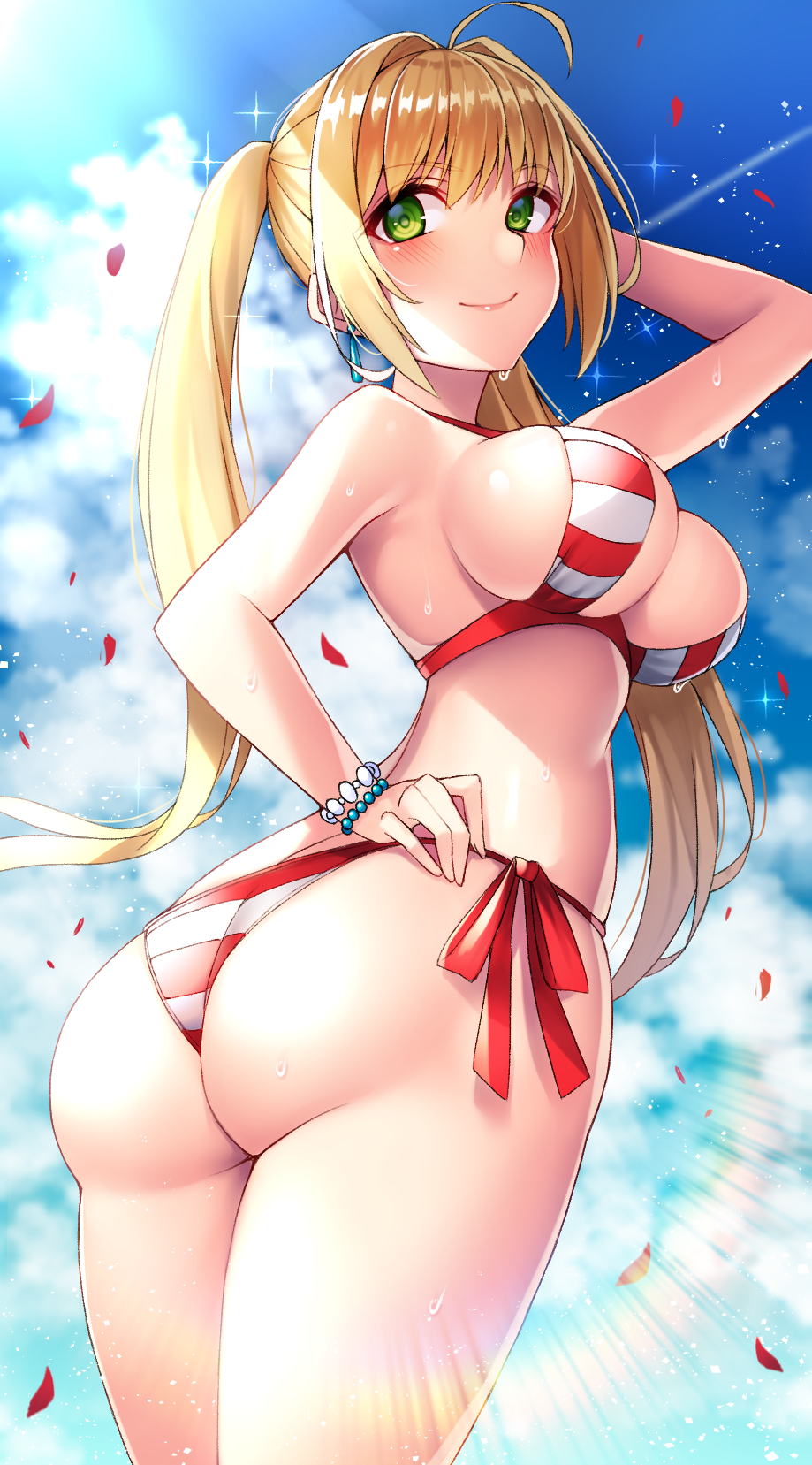 1girl ahoge ass beeyan bikini blonde_hair blue_sky blush breasts cleavage clouds commentary_request cowboy_shot criss-cross_halter earrings eyebrows_visible_through_hair fate/grand_order fate_(series) green_eyes hair_intakes halterneck hand_on_hip hand_on_own_head highres jewelry large_breasts long_hair looking_at_viewer nero_claudius_(fate)_(all) nero_claudius_(swimsuit_caster)_(fate) petals side-tie_bikini sky smile solo striped striped_bikini sunlight swimsuit thighs twintails twisted_torso wet