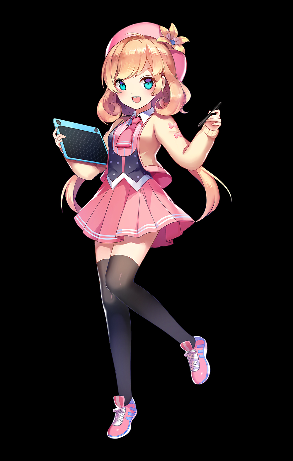 1girl black_background black_legwear blonde_hair blue_eyes blush breasts character_request collared_shirt copyright_request full_body hat highres kneehighs long_sleeves looking_at_viewer medium_breasts open_mouth pink_hat pink_skirt shirt shoes simple_background skirt smile sneakers solo stellarism stylus tablet twintails