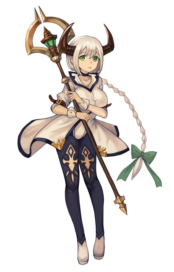 1girl beige_dress black_footwear black_legwear boots bow braid green_bow green_eyes hair_bow holding holding_staff horns light_brown_hair long_hair looking_at_viewer number original short_sleeves simple_background single_braid solo sookmo staff thigh-highs thigh_boots white_background wrist_cuffs