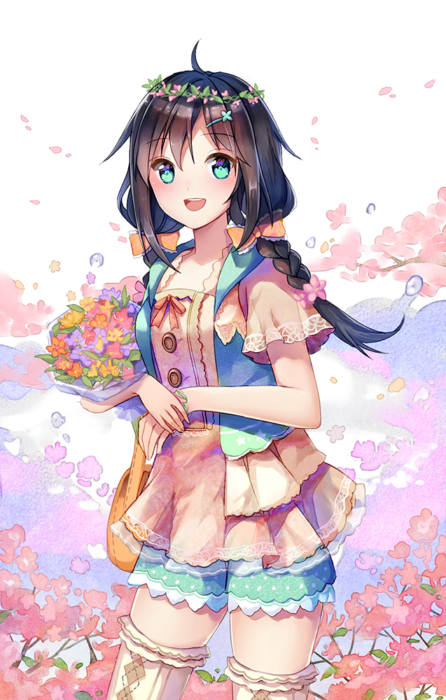 1girl black_hair blush bouquet bow braid breasts eyebrows_visible_through_hair flower green_eyes hair_bow holding holding_bouquet long_hair looking_at_viewer medium_breasts open_mouth red_bow smile solo stellarism thigh-highs twin_braids utau xia_yu_yao