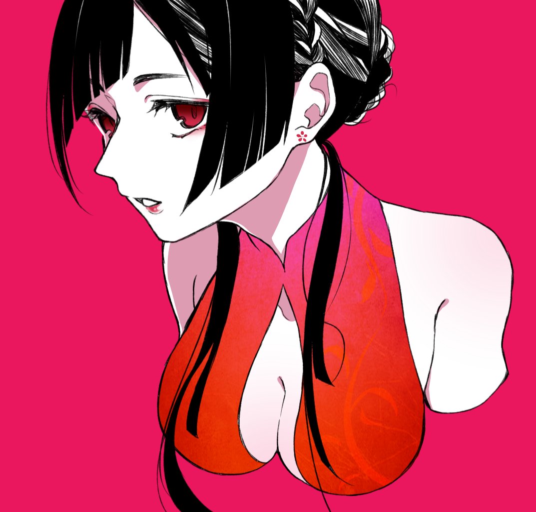 1girl black_hair braid breasts chisumi commentary_request copyright_request cropped_arms cropped_torso dress earrings eyeshadow hair_bun jewelry large_breasts leaning_forward lipstick long_hair makeup parted_lips red_background red_dress red_eyes red_lipstick simple_background solo upper_body