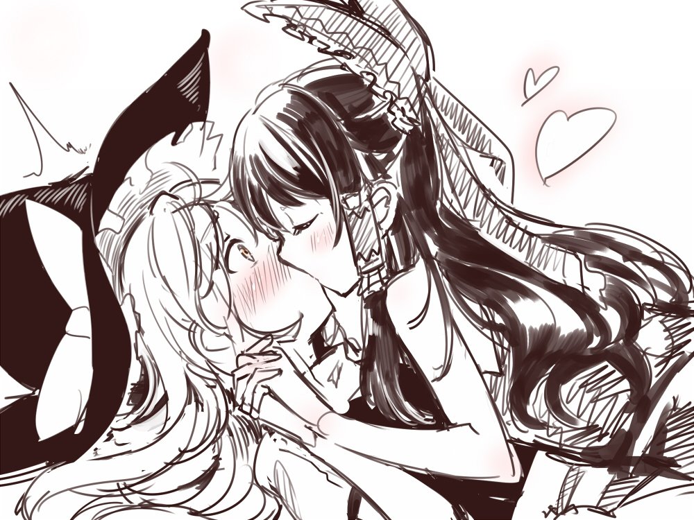 2girls asutora bare_arms bare_shoulders blush bow closed_eyes commentary_request eyebrows_visible_through_hair frilled_bow frills from_side hair_bow hair_tubes hakurei_reimu hat hat_bow heart interlocked_fingers kirisame_marisa kiss_day monochrome multiple_girls profile sidelocks simple_background sketch spot_color touhou upper_body white_background witch_hat yellow_eyes yuri